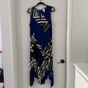 Chico’s Asymmetrical Hem Blue and Black Geometric Sleeveless Dress